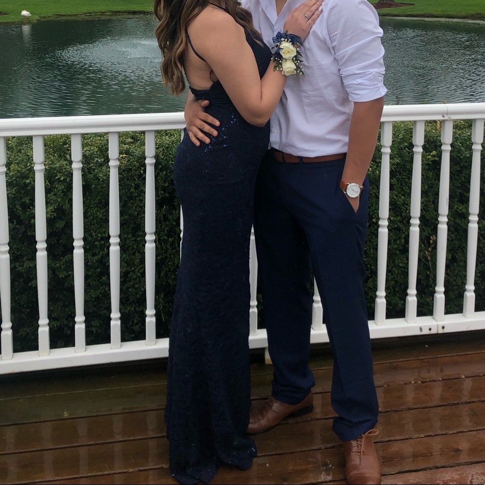 Navy Blue Windsor Strap Prom Dress